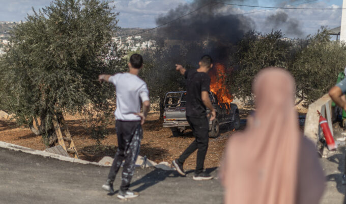 Settler attack, Turmus Ayya, West Bank, 19.10.26 Photographer: Avishay Mohar 19 Oct 2026 69578 A car on fire following an attack by Israeli settlers on the West Bank village of Turmus Ayya during the olive harvest, 19 October 2026. The attack took place as Palestinian olive were picking olives in a residential area between houses. The settlers also threw rocks at houses and set fire to two cars and a room in one of the homes. Israeli forces then arrived with other settlers, one of them known to oversee outposts in the area, and threatened residents with tear gas if they did not leave immediately. Turmus Ayya has endured repeated attacks and land theft by settlers, with most of its agricultural land now taken over by nearby outposts and settlements.